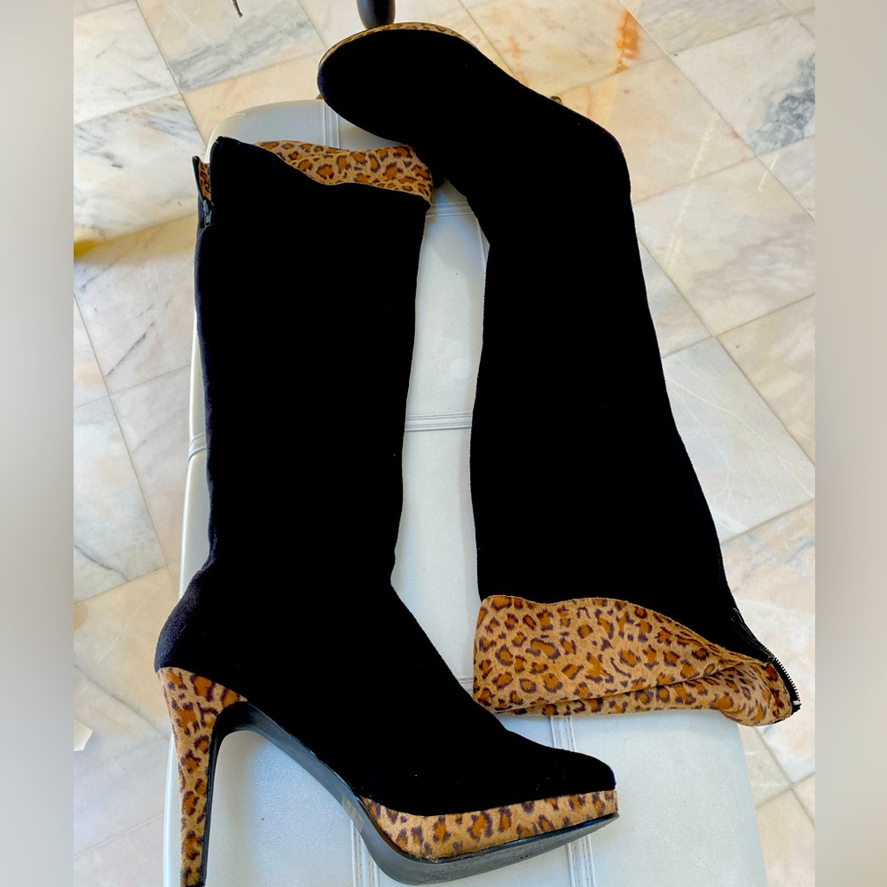 Suede leopard knee high boots